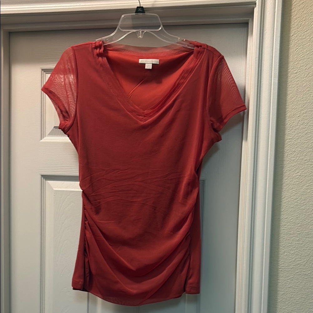 New York & Company Pink Ruched Short Sleeve Blouse